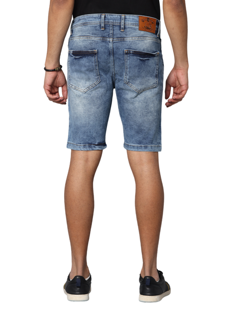 Men's Blue Slim Fit Light Faded Denim Shorts, Dark Indigo
