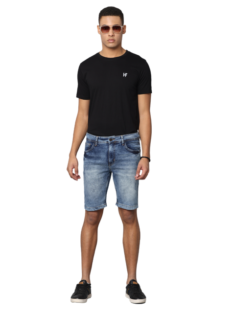 Men's Blue Slim Fit Light Faded Denim Shorts, Dark Indigo