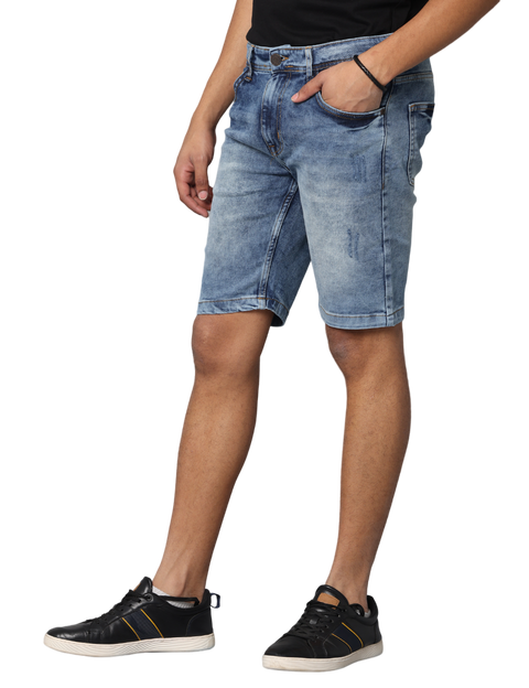 Men's Blue Slim Fit Light Faded Denim Shorts, Dark Indigo