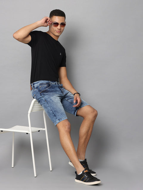 Men's Blue Slim Fit Light Faded Denim Shorts, Dark Indigo
