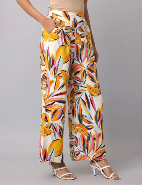 Women's Orange & White Printed Linen Palazzo