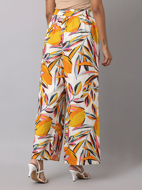 Women's Orange & White Printed Linen Palazzo