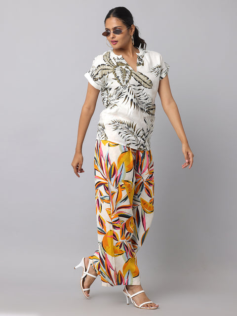 Women's Off White & Grey Tropical Print Linen Top