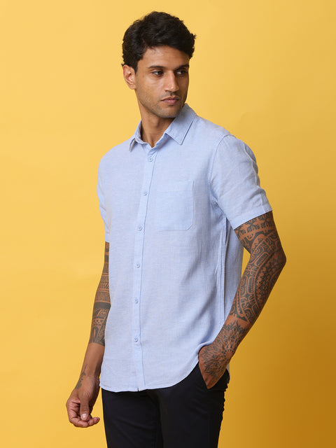 Men's Mid Blue Casual Half Sleeve Slim Fit Linen Shirt