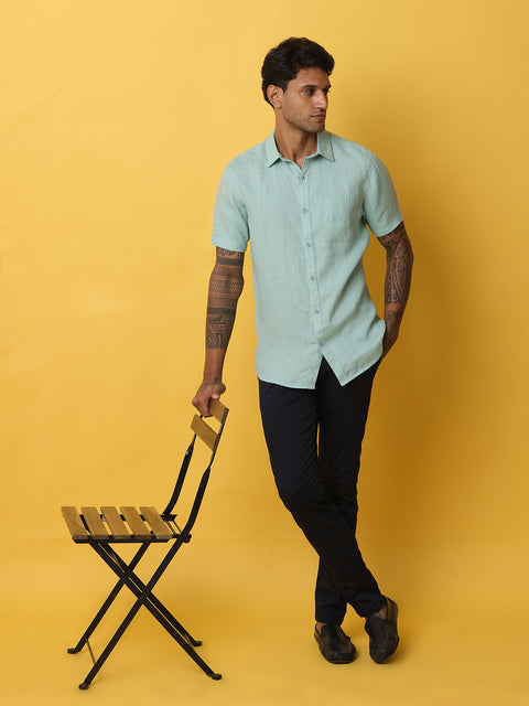 Men's Teal Casual Half Sleeve Slim Fit Linen Shirt