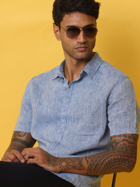 Men's Blue Casual Half Sleeve Slim Fit Linen Shirt