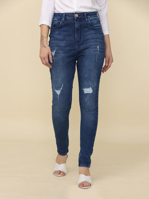 Women's Skinny Fit High Rise Distressed Jeans Trouser, Dark Blue