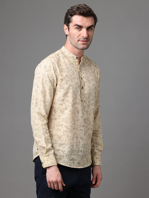 Men's Light Yellow Cotton Linen Slim Fit Kurta Shirt