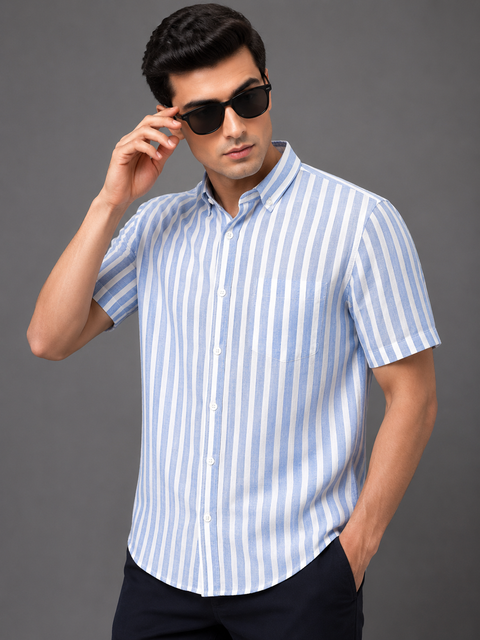 Men Regular Fit Checkered Spread Collar Blue white stripes Casual Cotton Shirt