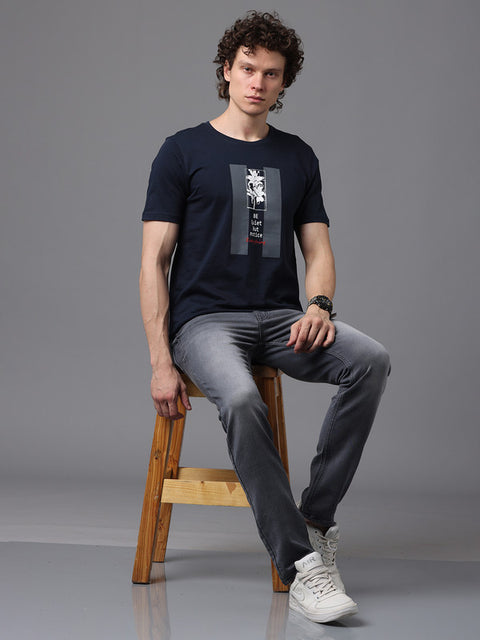 Men's Navy Blue Printed Round Neck T-Shirt