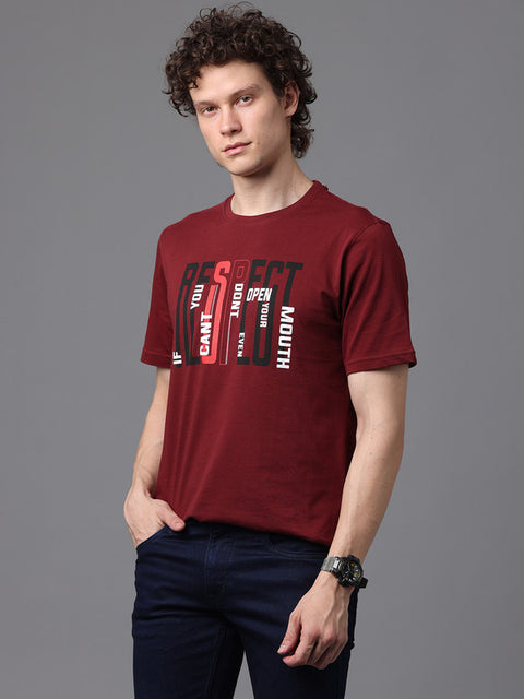 Men's Printed Round Neck Maroon T-Shirt