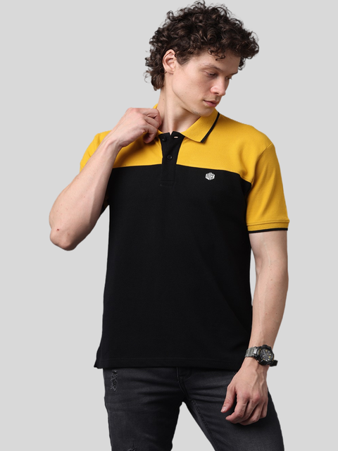Men's Short Sleeve Mustard and Black Cut and Sew Polo T-Shirt
