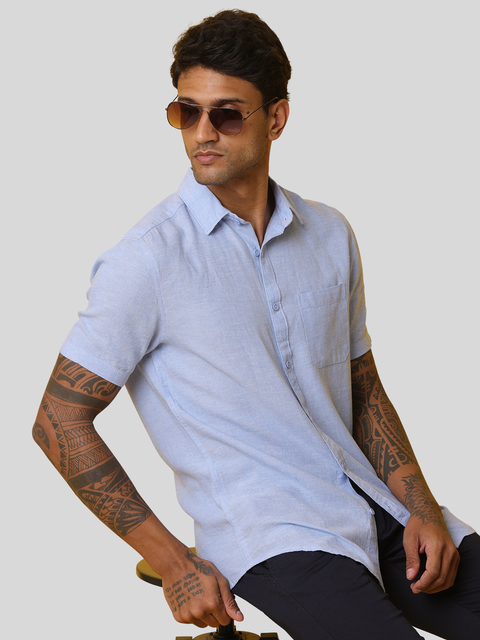 Men's Mid Blue Casual Half Sleeve Slim Fit Linen Shirt