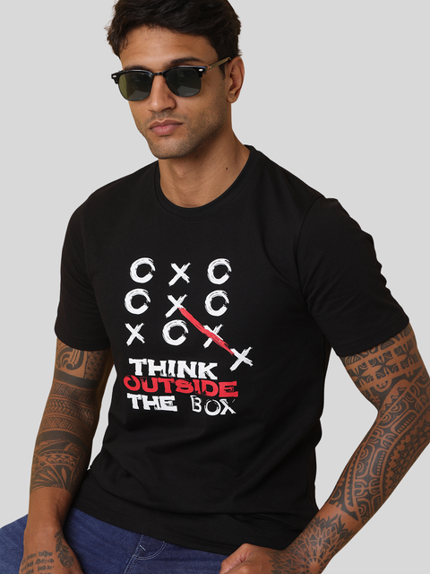 Men's Black Printed Round Neck T-Shirt