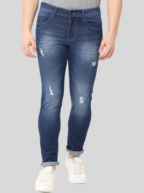 Men's Dark Blue Stone Wash Distressed Denim Jeans