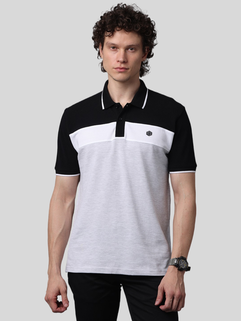 Men's Short Sleeve Polo T-Shirt with Black Contrast Stripes, White, Grey