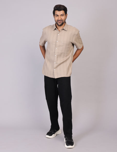 Men’s Beige Solid Oversized Shirt – Relaxed Fit | 100% Cotton