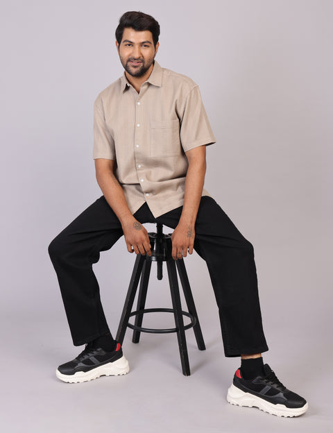 Men’s Beige Solid Oversized Shirt – Relaxed Fit | 100% Cotton