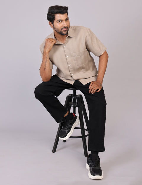 Men’s Beige Solid Oversized Shirt – Relaxed Fit | 100% Cotton