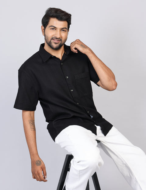 Men’s Black Solid Oversized Shirt – Relaxed Fit | 100% Cotton