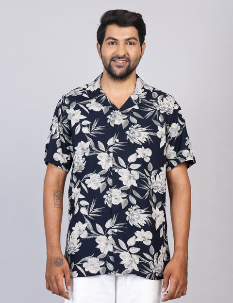 Men’s Navy Printed Half Sleeve Shirt – Regular Fit | 100% Rayon