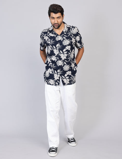 Men’s Navy Printed Half Sleeve Shirt – Regular Fit | 100% Rayon