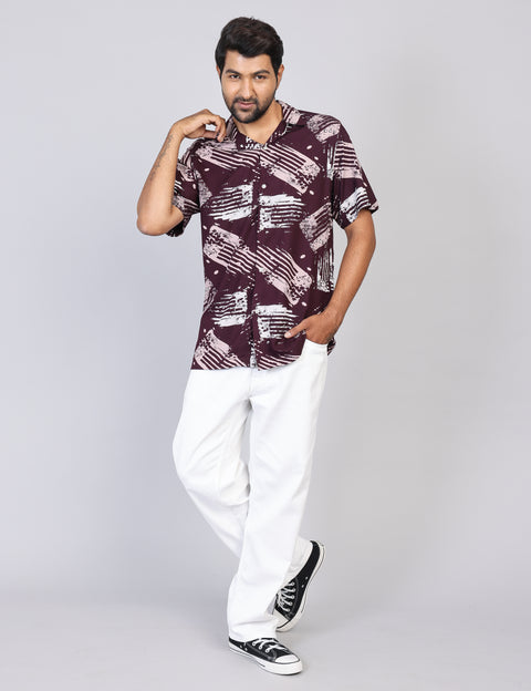 Men’s Maroon Printed Half Sleeve Shirt – Regular Fit | 100% Rayon