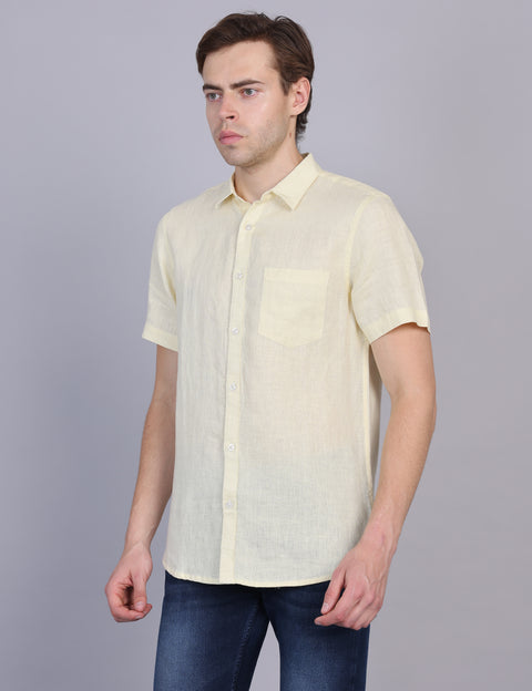 Wearhouse Men's Lemon Solid Half Sleeve Regular Fit Linen Blend Shirt
