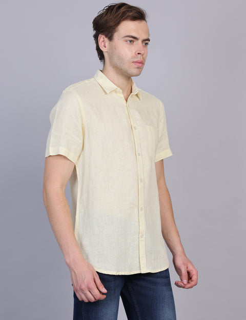 Wearhouse Men's Lemon Solid Half Sleeve Regular Fit Linen Blend Shirt