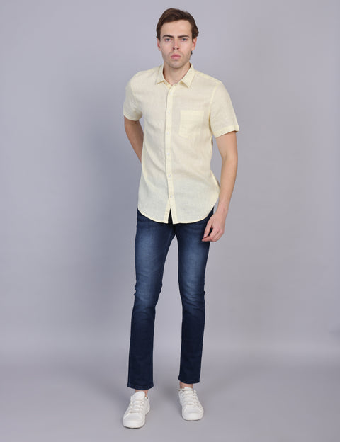 Wearhouse Men's Lemon Solid Half Sleeve Regular Fit Linen Blend Shirt