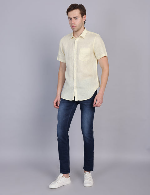 Wearhouse Men's Lemon Solid Half Sleeve Regular Fit Linen Blend Shirt