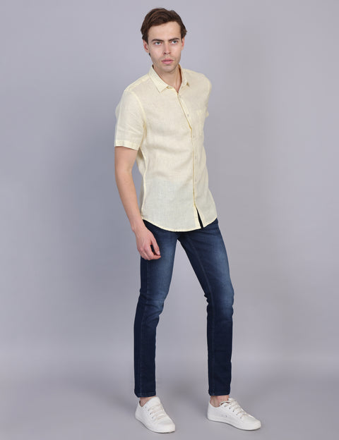 Wearhouse Men's Lemon Solid Half Sleeve Regular Fit Linen Blend Shirt
