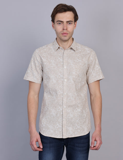 Wearhouse Men's Beige Print Half Sleeve Regular Fit Linen Blend Shirt