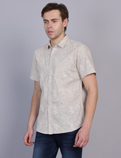 Wearhouse Men's Beige Print Half Sleeve Regular Fit Linen Blend Shirt