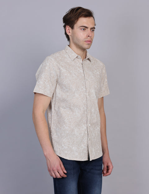 Wearhouse Men's Beige Print Half Sleeve Regular Fit Linen Blend Shirt