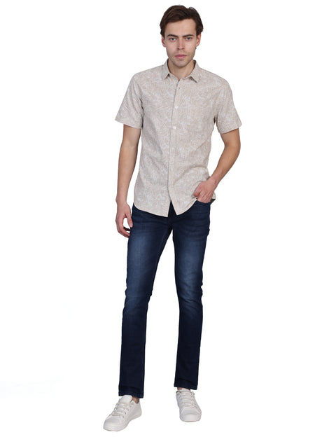 Wearhouse Men's Beige Print Half Sleeve Regular Fit Linen Blend Shirt