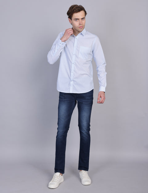 Wearhouse Men's White & Navy Print Full Sleeve Regular Fit Cotton Shirt