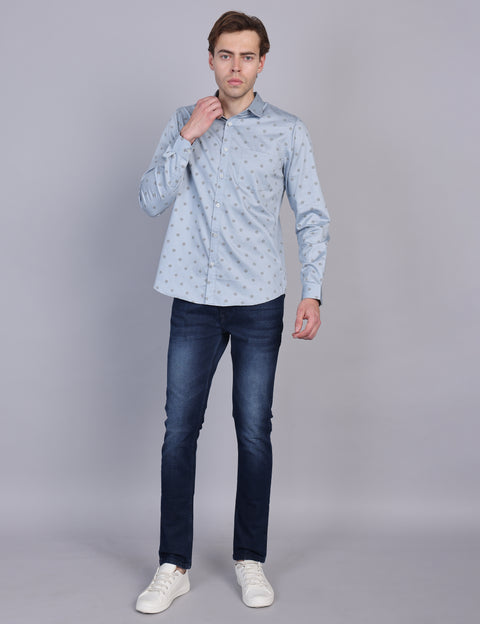 Wearhouse Men's Blue Printed Full Sleeve Regular Fit Cotton Shirt