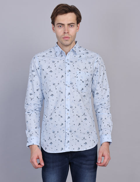Wearhouse Men's White & Blue Print Full Sleeve Regular Fit Cotton Shirt