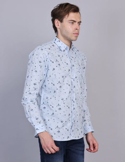 Wearhouse Men's White & Blue Print Full Sleeve Regular Fit Cotton Shirt