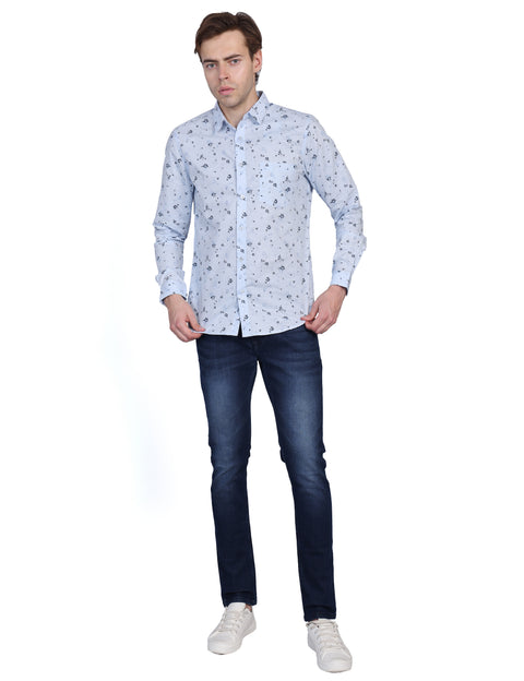 Wearhouse Men's White & Blue Print Full Sleeve Regular Fit Cotton Shirt