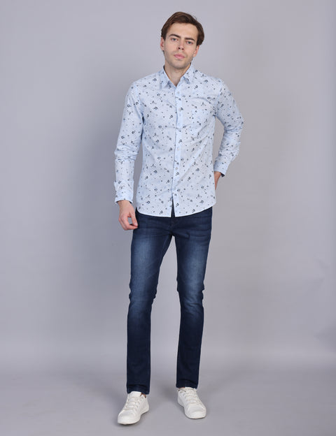 Wearhouse Men's White & Blue Print Full Sleeve Regular Fit Cotton Shirt