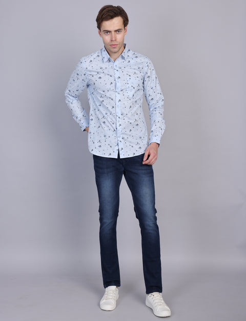 Wearhouse Men's White & Blue Print Full Sleeve Regular Fit Cotton Shirt