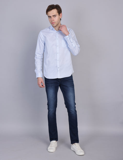 Wearhouse Men's White & Blue Print Full Sleeve Regular Fit Cotton Shirt