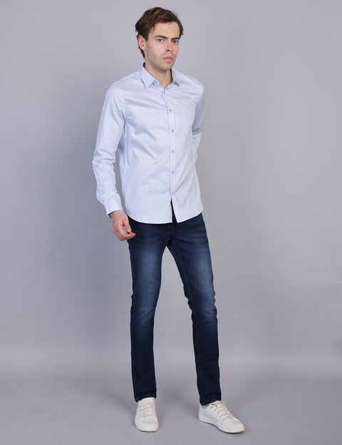 Wearhouse Men's White & Blue Print Full Sleeve Regular Fit Cotton Shirt