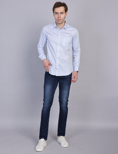 Wearhouse Men's White & Blue Print Full Sleeve Regular Fit Cotton Shirt