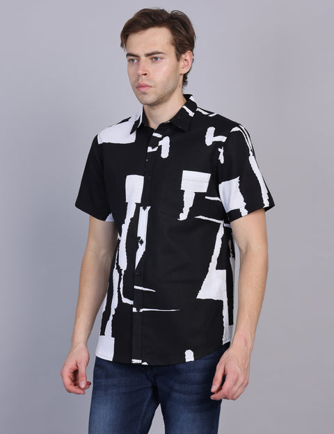 Wearhouse Men's Black & White Print Half Sleeve Regular Fit Cotton Shirt