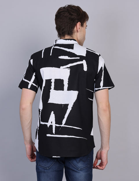 Wearhouse Men's Black & White Print Half Sleeve Regular Fit Cotton Shirt