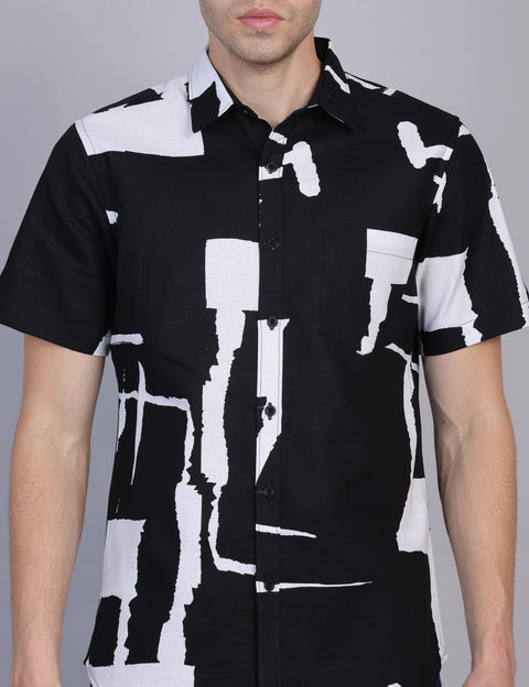 Wearhouse Men's Black & White Print Half Sleeve Regular Fit Cotton Shirt