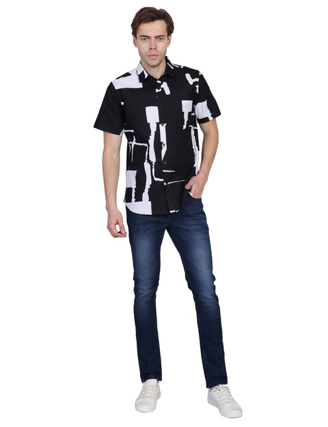 Wearhouse Men's Black & White Print Half Sleeve Regular Fit Cotton Shirt